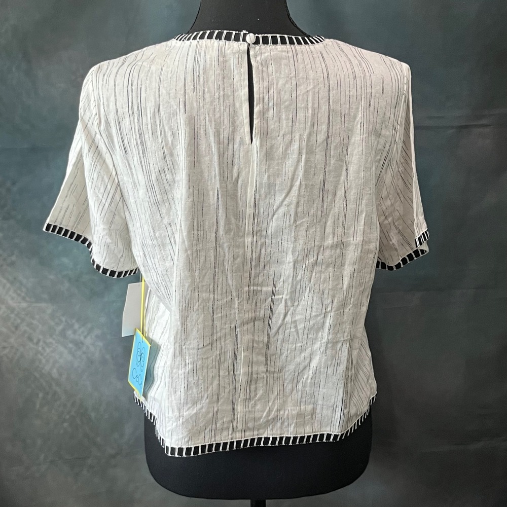 CeCe Womens White Black Pinstripe Linen Blend Ladder Trim Top Blouse M NWT - Picture 5 of 7